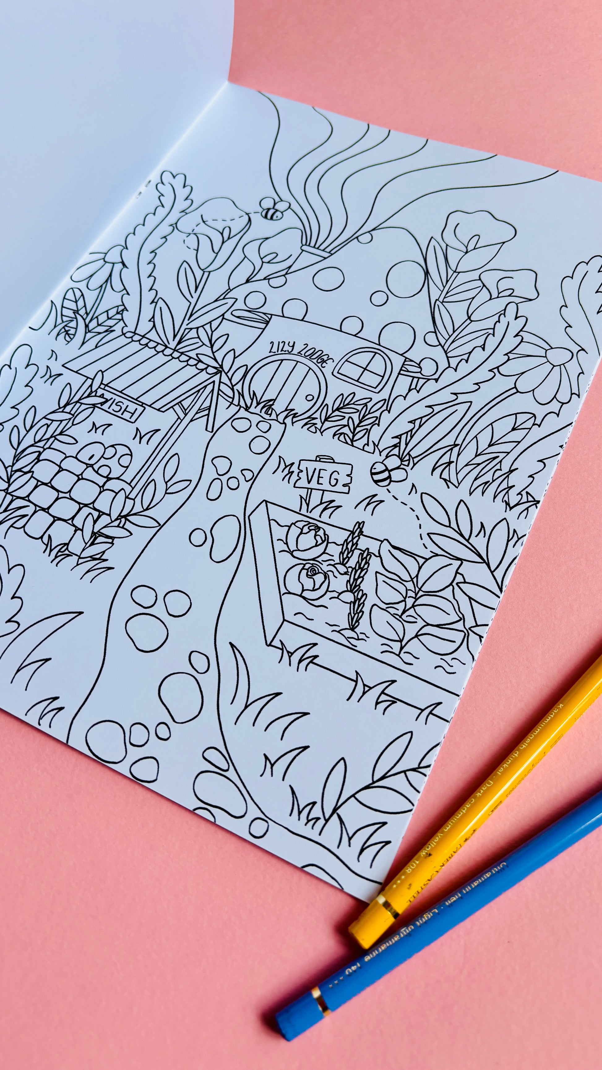 Hand drawn fairy colouring book for adults with 10 cute illustrated pages of tiny fairy house with a whimsical fantasy theme. A4 size and full colour cover perfect for gifts for kids and adults.