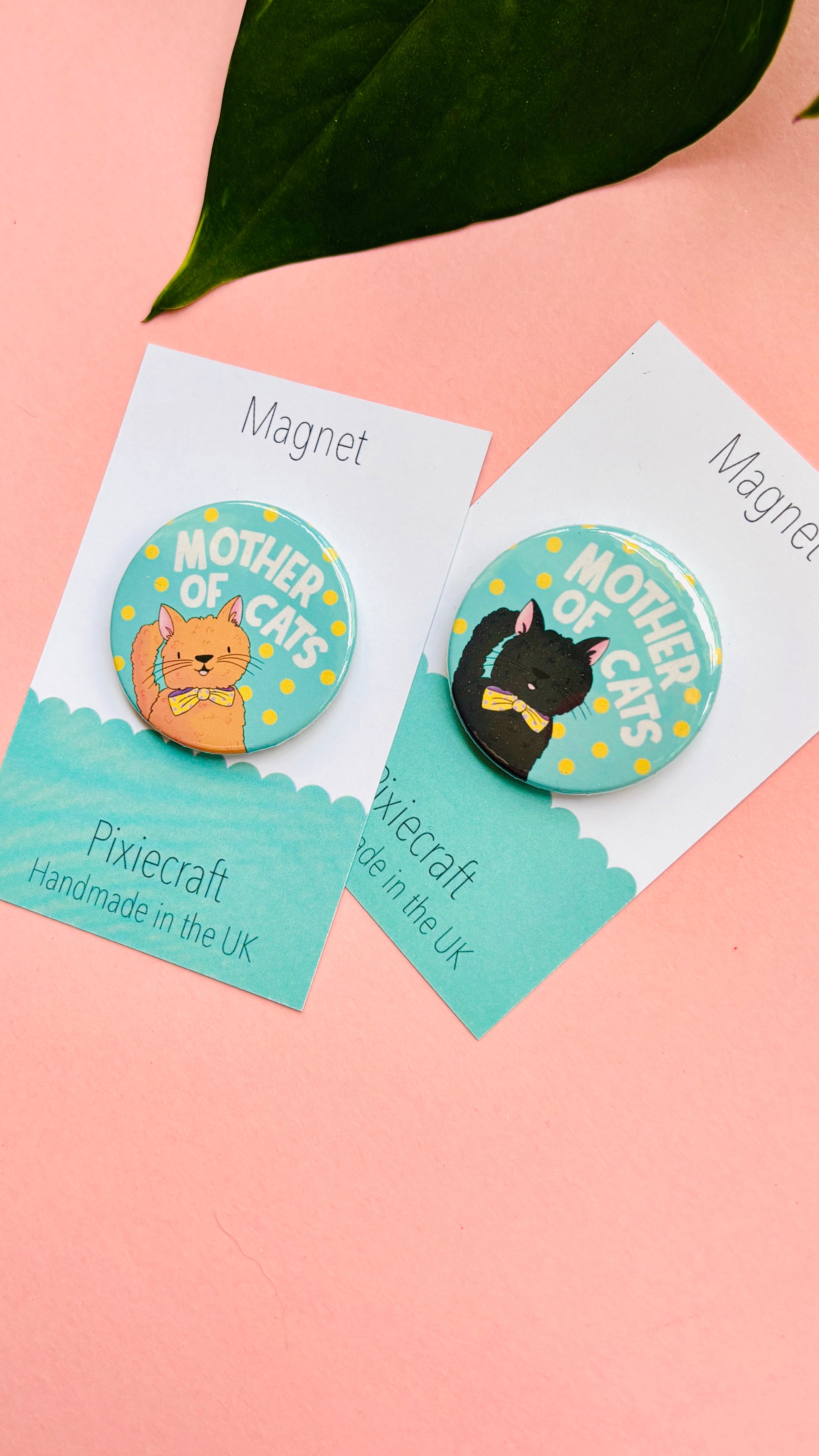 Handmade cat gift pin badge or fridge magnet. This cute accessory reads ‘mother of cats’ and you can choose from four different cat designs; brown tabby cat, orange/ginger cat, black cat, black and white cat. The hand drawn illustration is turned into a pin badge or magnet and presented on a colourful backing card ready for gifting. Great for stocking fillers.