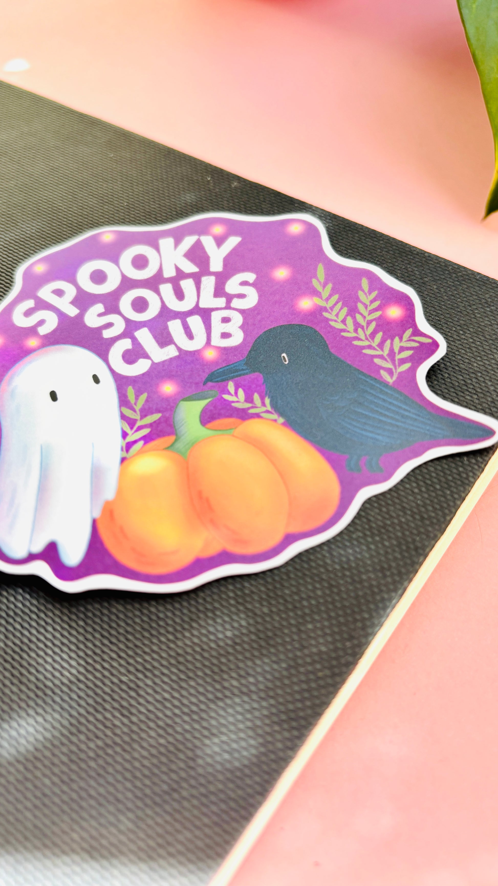 Spooky Souls Club Halloween vinyl sticker – cute ghost, pumpkin & raven design. Durable, waterproof, hand-illustrated & perfect for witchy décor.