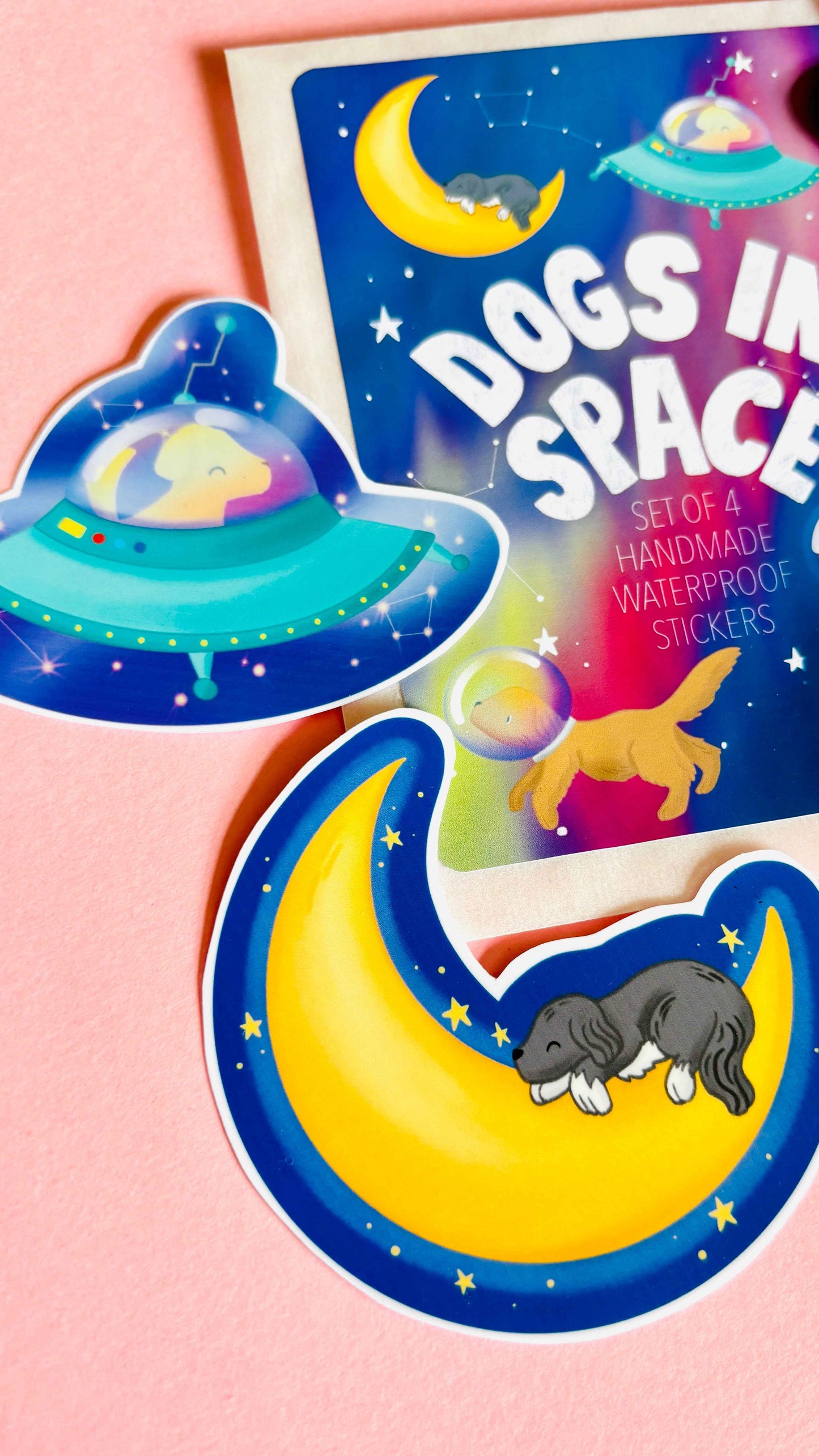 Space Dogs Sticker Set- Set of 4 Handmade Waterproof Vinyl Stickers