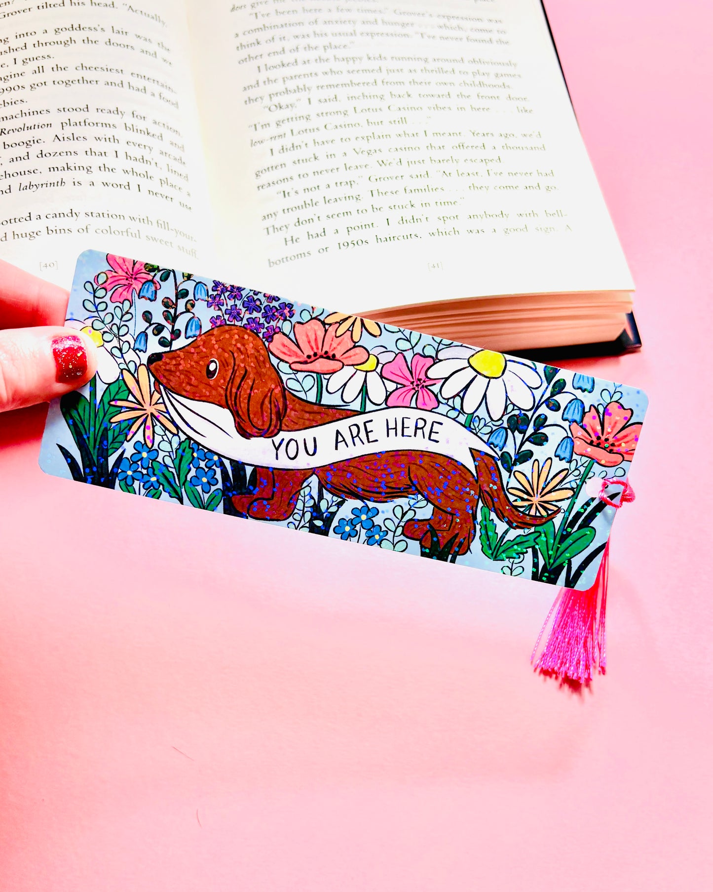 Sausage dog wildflower holographic rainbow bookmark