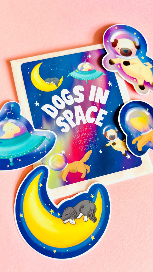 Space Dogs Sticker Set- Set of 4 Handmade Waterproof Vinyl Stickers