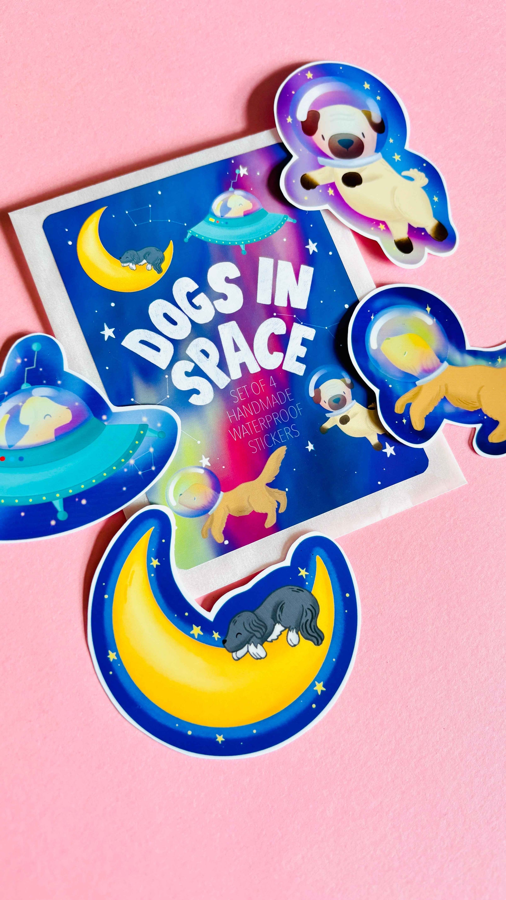 Space Dogs Sticker Set- Set of 4 Handmade Waterproof Vinyl Stickers