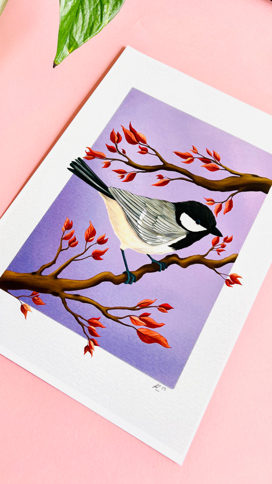 Coat tit bird wall art of British birds. This detail illustration of a cute coal tit perched on an autumn branch is set against a purple gradient background and makes perfect autumn home decor for a cosy seasonal feel. Or a gift for nature lovers, gardeners, bird lovers and fans of cottagecore decor aesthetics