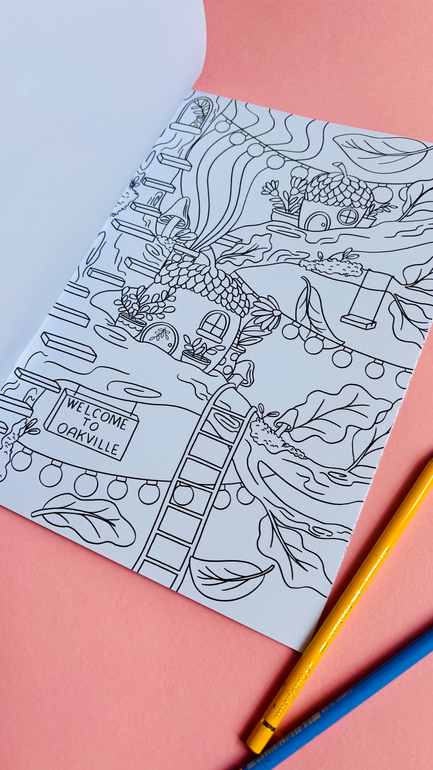 Hand drawn fairy colouring book for adults with 10 cute illustrated pages of tiny fairy house with a whimsical fantasy theme. A4 size and full colour cover perfect for gifts for kids and adults.