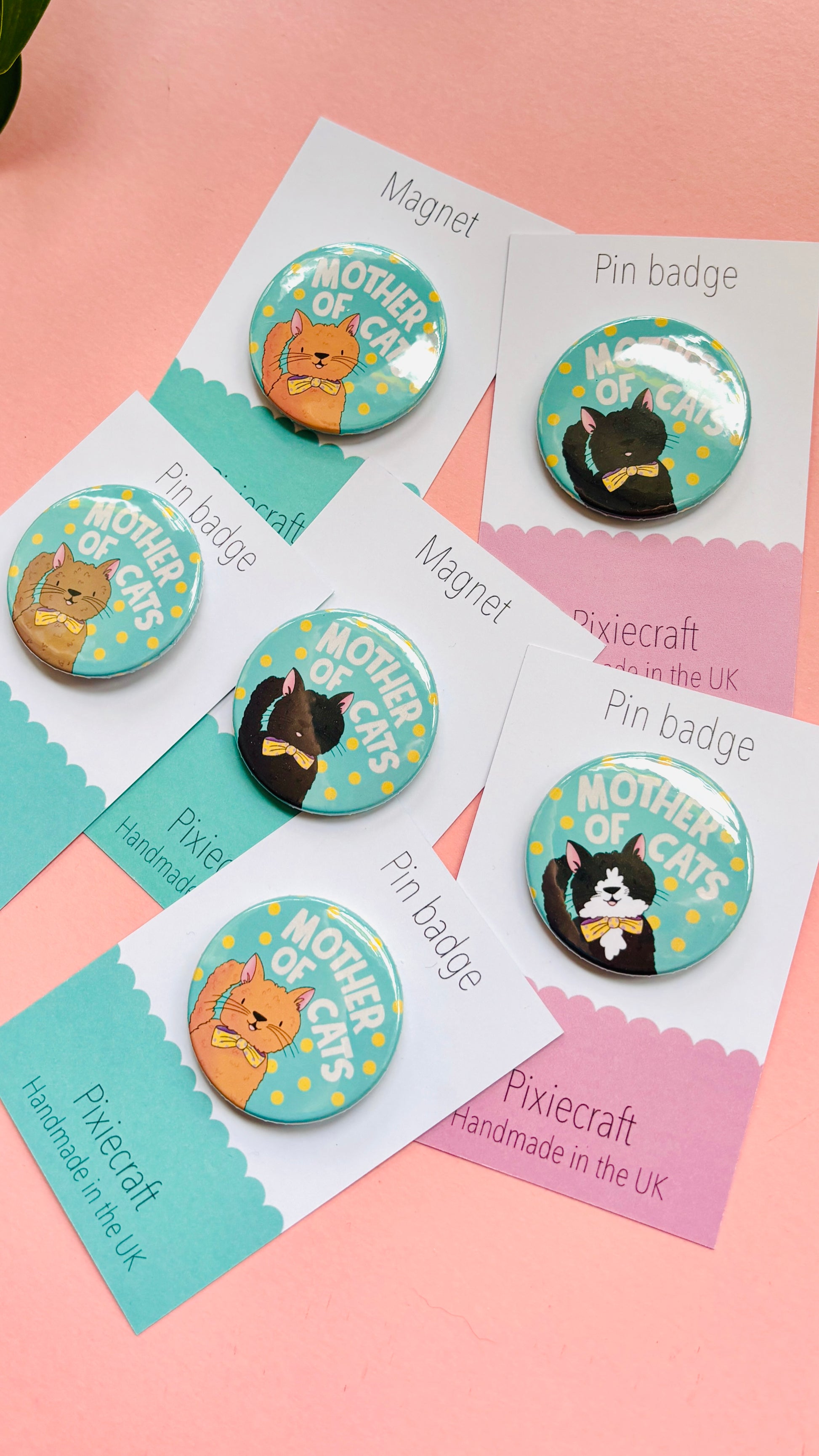 Handmade cat gift pin badge or fridge magnet. This cute accessory reads ‘mother of cats’ and you can choose from four different cat designs; brown tabby cat, orange/ginger cat, black cat, black and white cat. The hand drawn illustration is turned into a pin badge or magnet and presented on a colourful backing card ready for gifting. Great for stocking fillers.