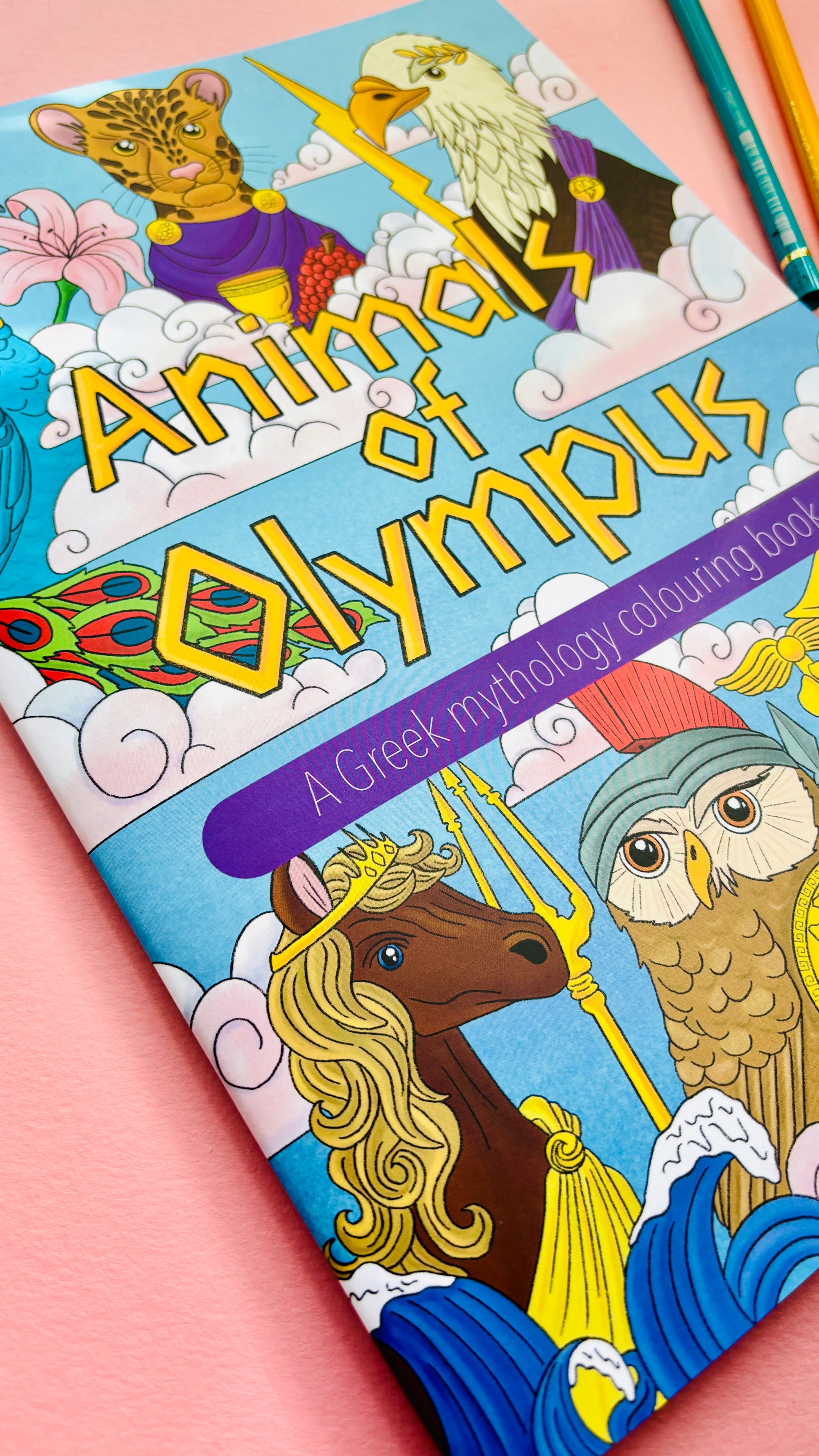 Animals of Olympus: A Greek Mythology Colouring Book for adults and kids with hand drawn colouring pages, single sided, heavy weight paper. This educational colouring book is great for home educators and homeschoolers.