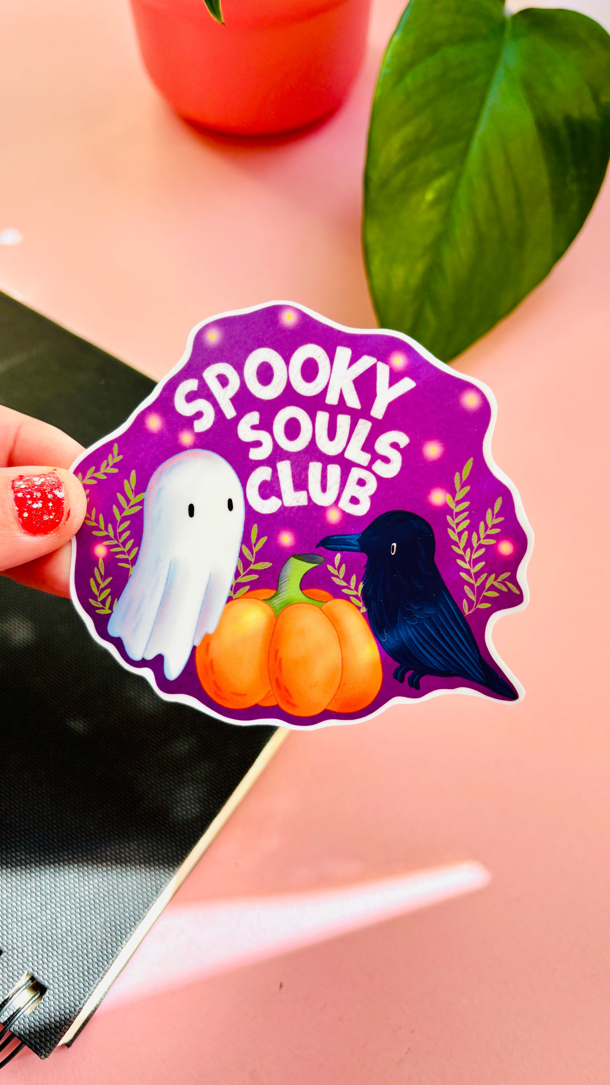 Spooky Souls Club Halloween vinyl sticker – cute ghost, pumpkin & raven design. Durable, waterproof, hand-illustrated & perfect for witchy décor.