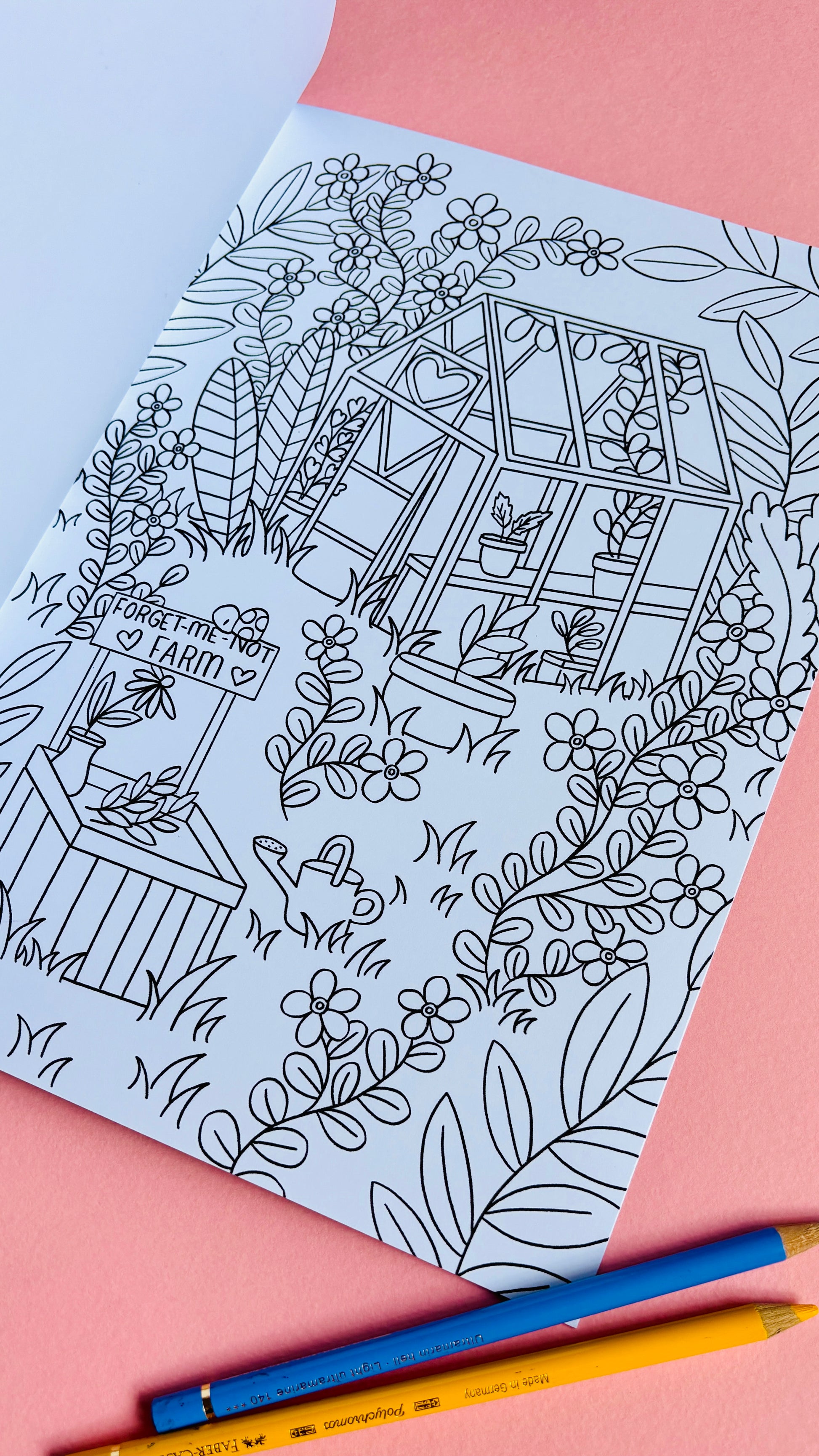 Hand drawn fairy colouring book for adults with 10 cute illustrated pages of tiny fairy house with a whimsical fantasy theme. A4 size and full colour cover perfect for gifts for kids and adults.