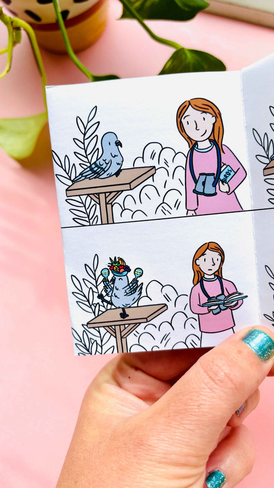 Page from a birdwatching comic in a mini zine