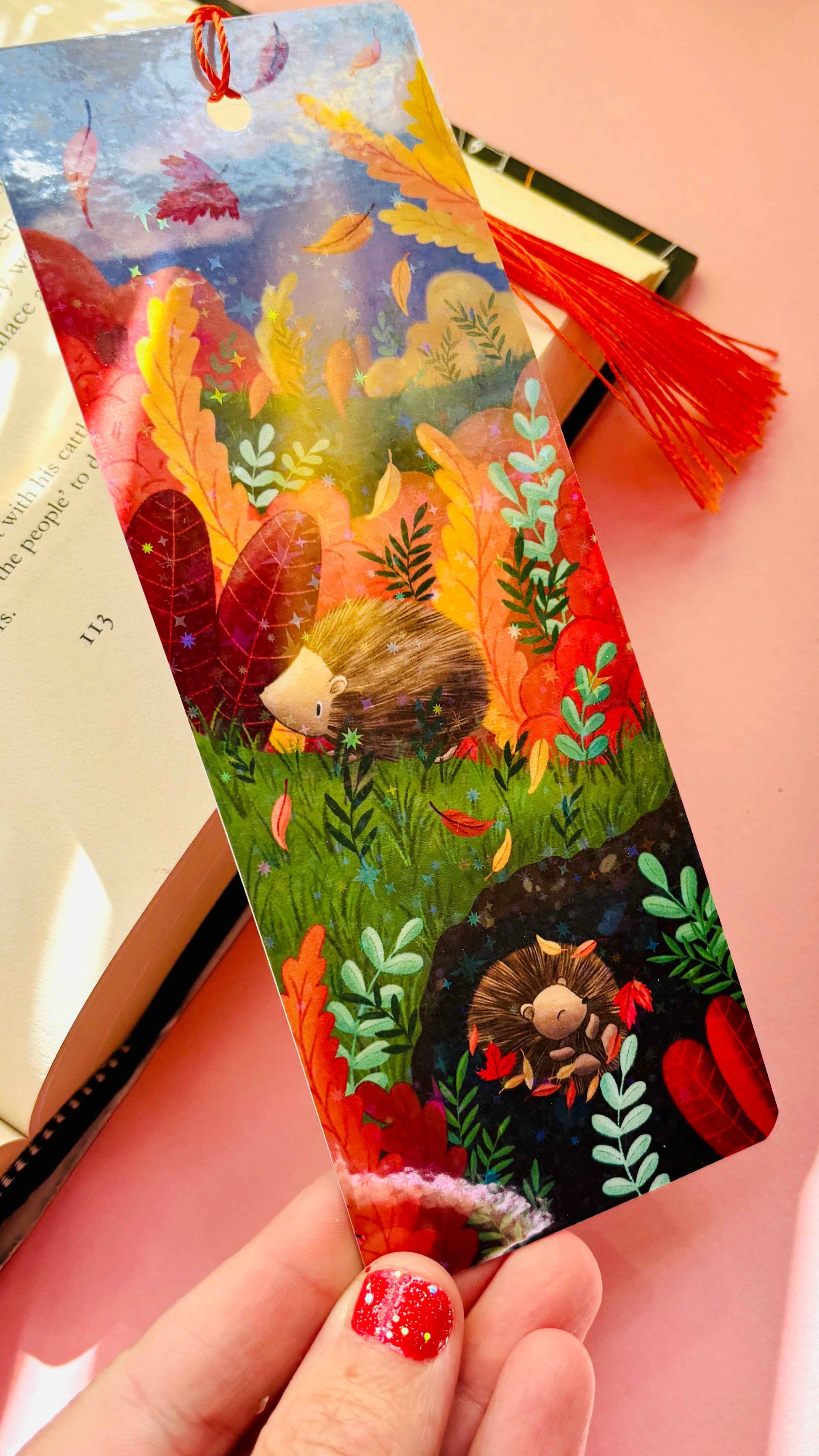 Rainbow shimmer Autumn Hedgehog bookmark, double-sided illustration, hand-illustrated and made in the UK. Perfect gift for book lovers