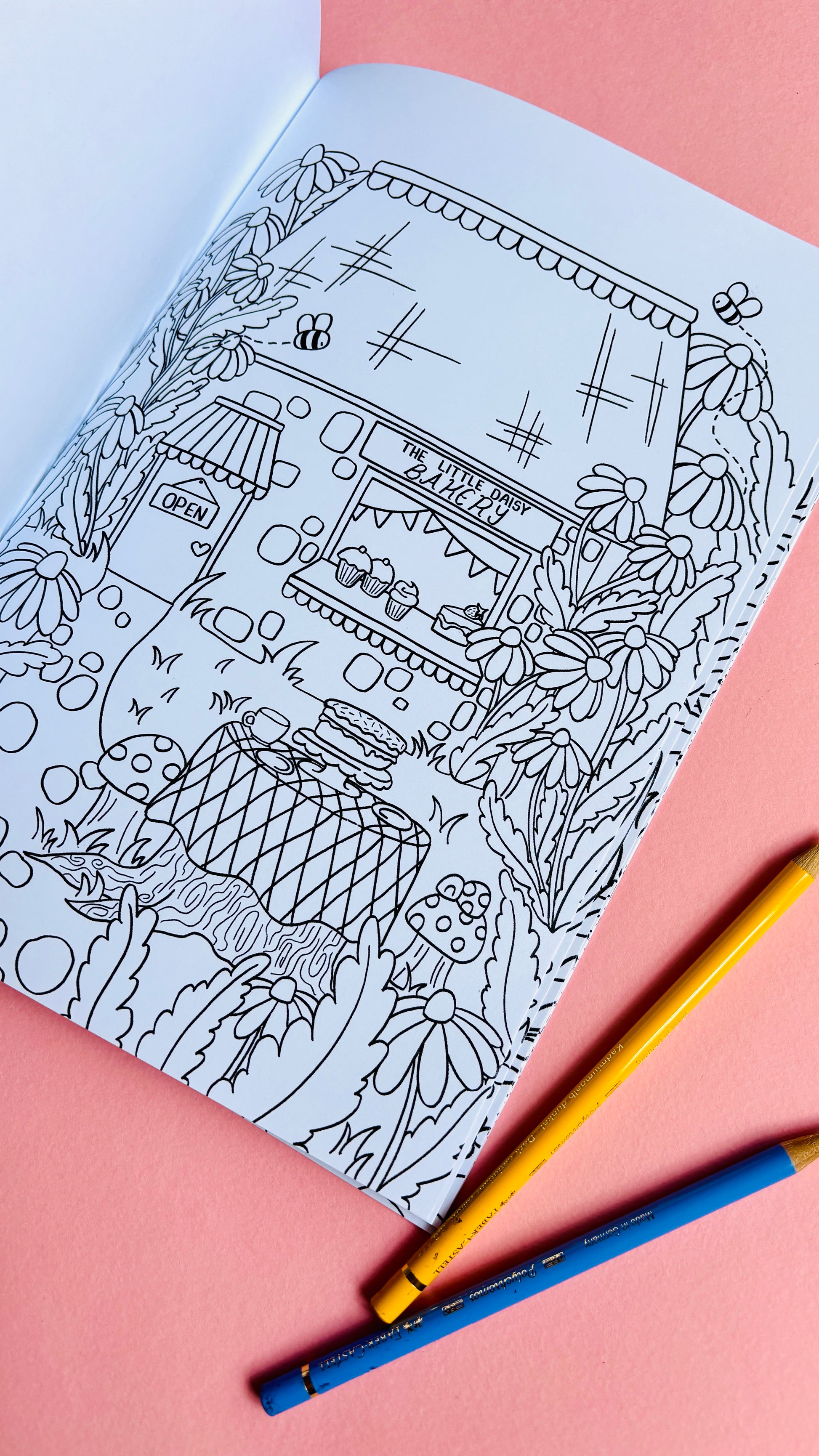 Hand drawn fairy colouring book for adults with 10 cute illustrated pages of tiny fairy house with a whimsical fantasy theme. A4 size and full colour cover perfect for gifts for kids and adults.