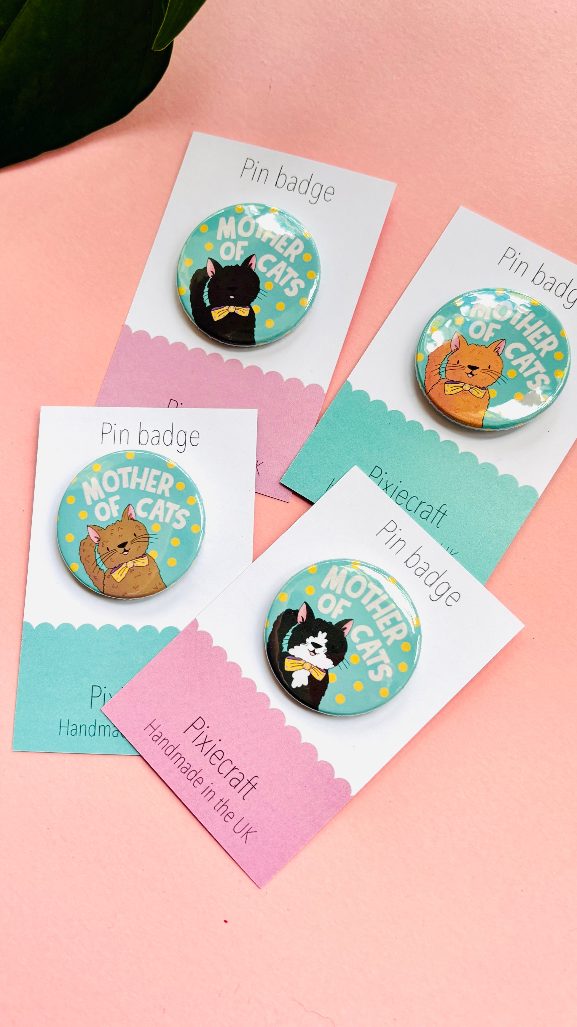 Handmade cat gift pin badge or fridge magnet. This cute accessory reads ‘mother of cats’ and you can choose from four different cat designs; brown tabby cat, orange/ginger cat, black cat, black and white cat. The hand drawn illustration is turned into a pin badge or magnet and presented on a colourful backing card ready for gifting. Great for stocking fillers.