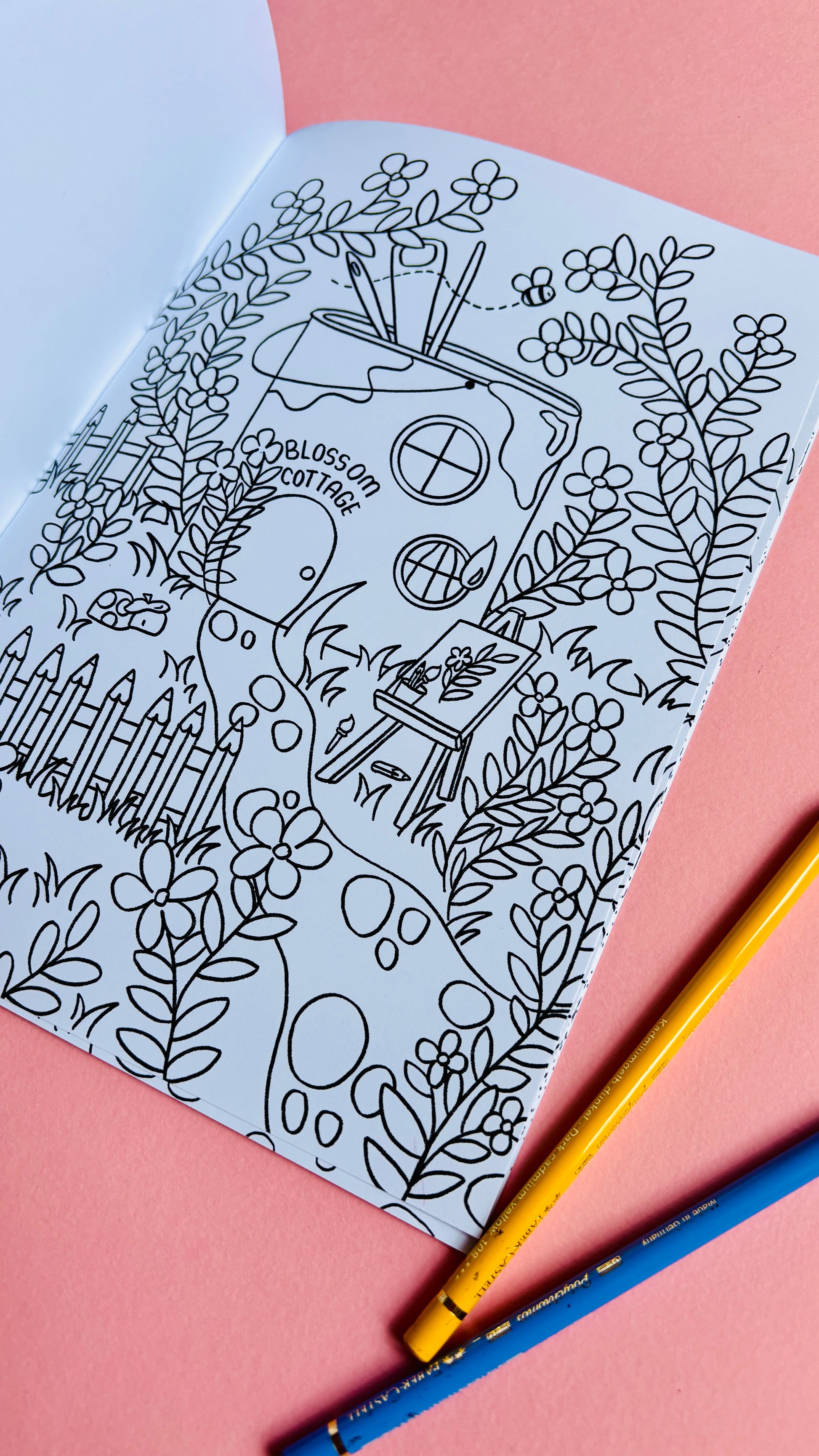 Hand drawn fairy colouring book for adults with 10 cute illustrated pages of tiny fairy house with a whimsical fantasy theme. A4 size and full colour cover perfect for gifts for kids and adults.