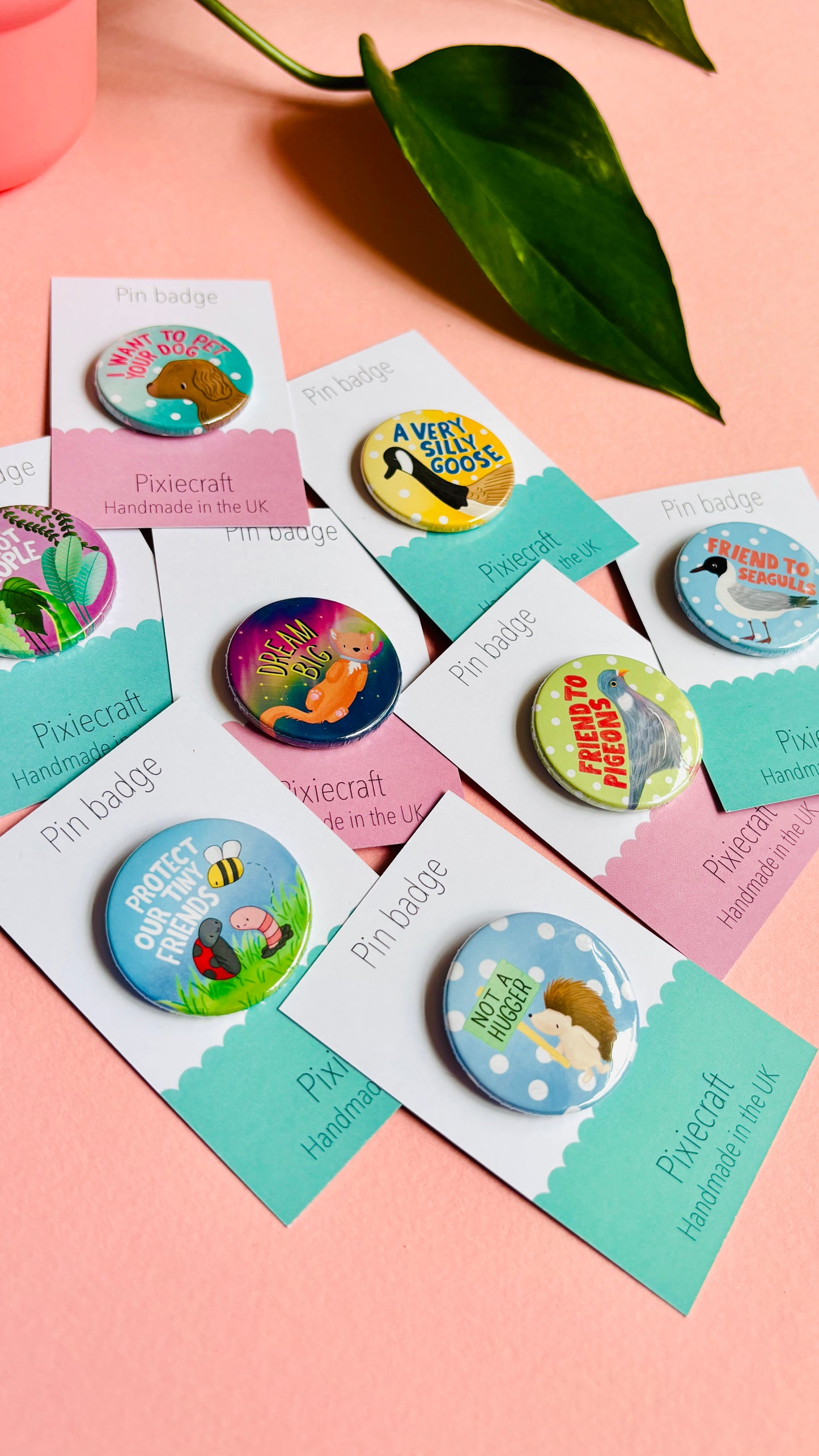 Silly Goose Badge. Funny handmade pin badge or magnet that reads “a very silly goose” in blue text above a hand drawn Canada goose. With a yellow and white polka dot background. Presented on a colourful rainbow backing card.