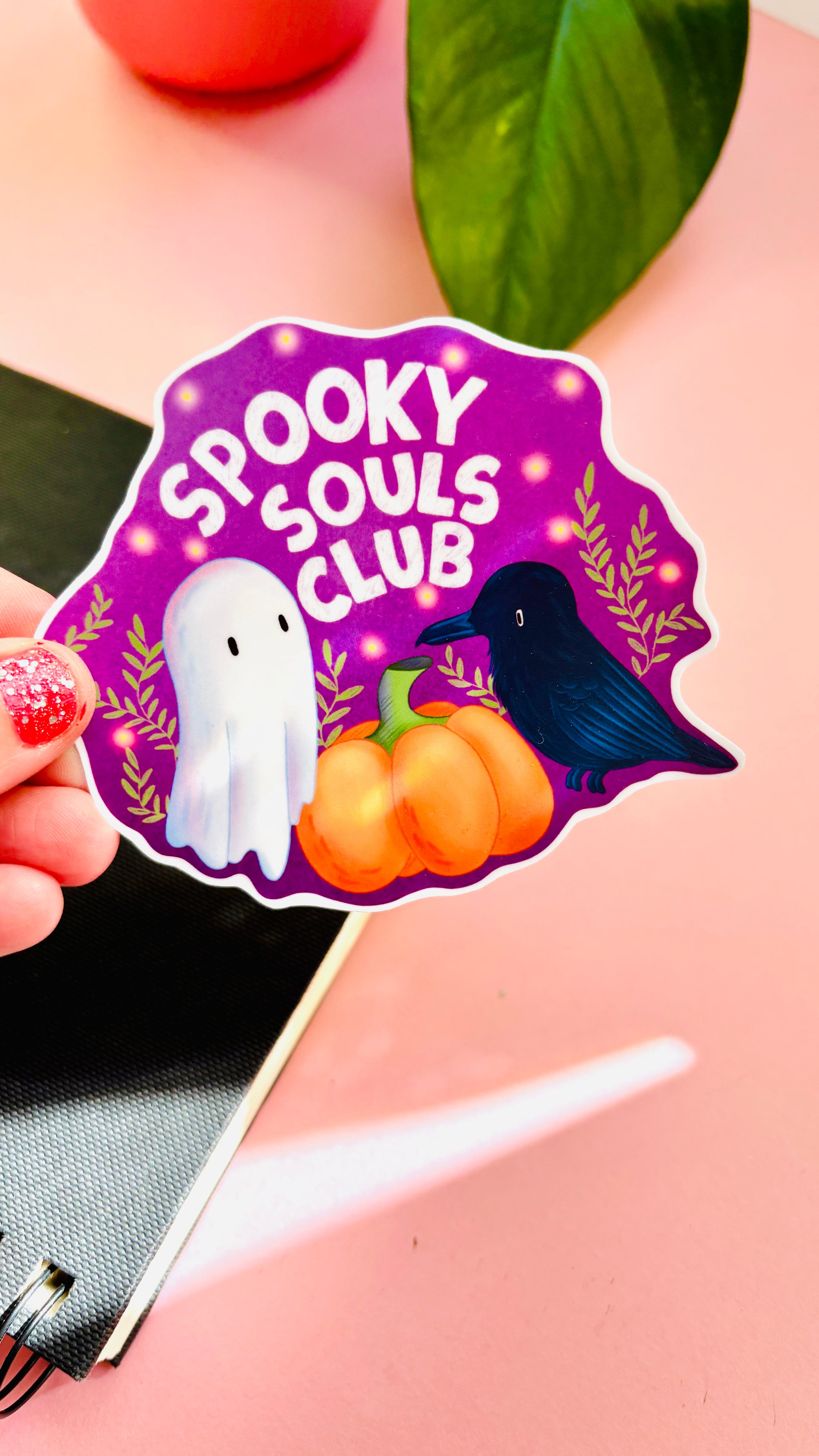 Spooky Souls Club Halloween vinyl sticker – cute ghost, pumpkin & raven design. Durable, waterproof, hand-illustrated & perfect for witchy décor.