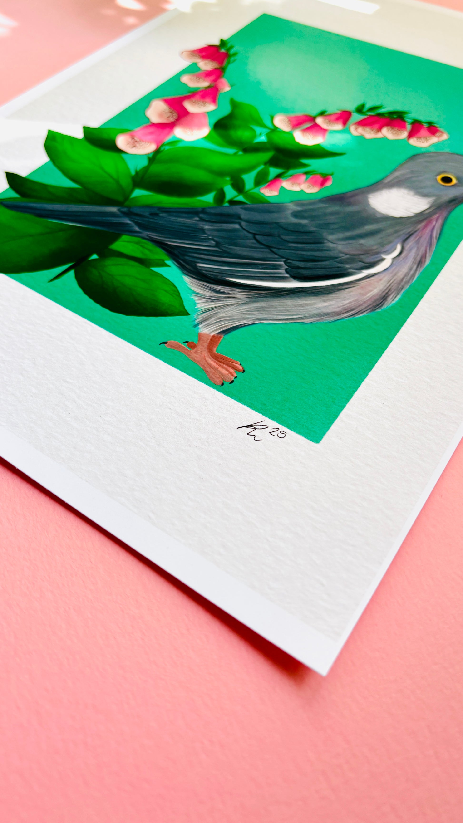 British wildlife pigeon art print for nature lovers. This cute print features an adorable wood pigeon in front of a bunch of pink foxglove plants. The perfect gift for nature lovers.