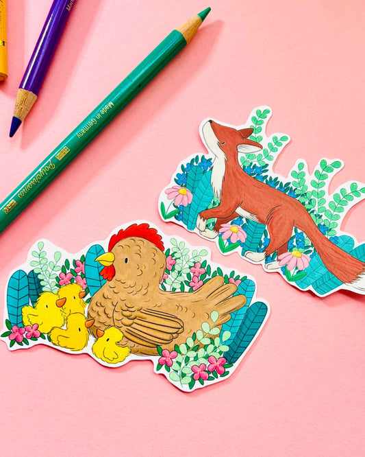 Spring Friends Hen or Fox Illustrated Vinyl Sticker