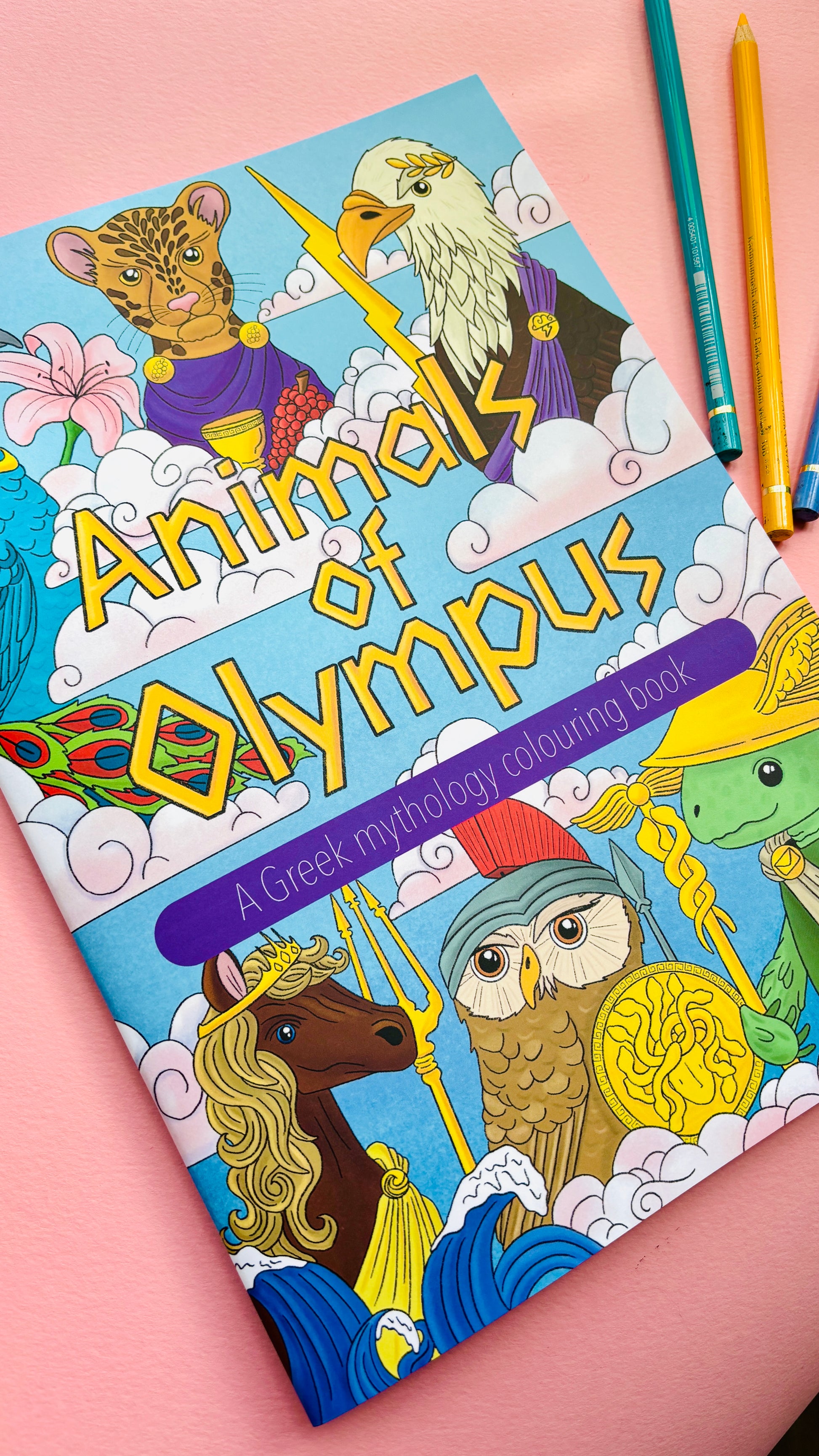 Animals of Olympus: A Greek Mythology Colouring Book for adults and kids with hand drawn colouring pages, single sided, heavy weight paper. This educational colouring book is great for home educators and homeschoolers.