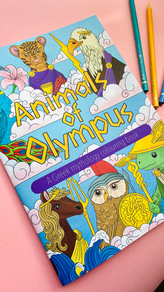 Animals of Olympus: A Greek Mythology Colouring Book for adults and kids with hand drawn colouring pages, single sided, heavy weight paper. This educational colouring book is great for home educators and homeschoolers.