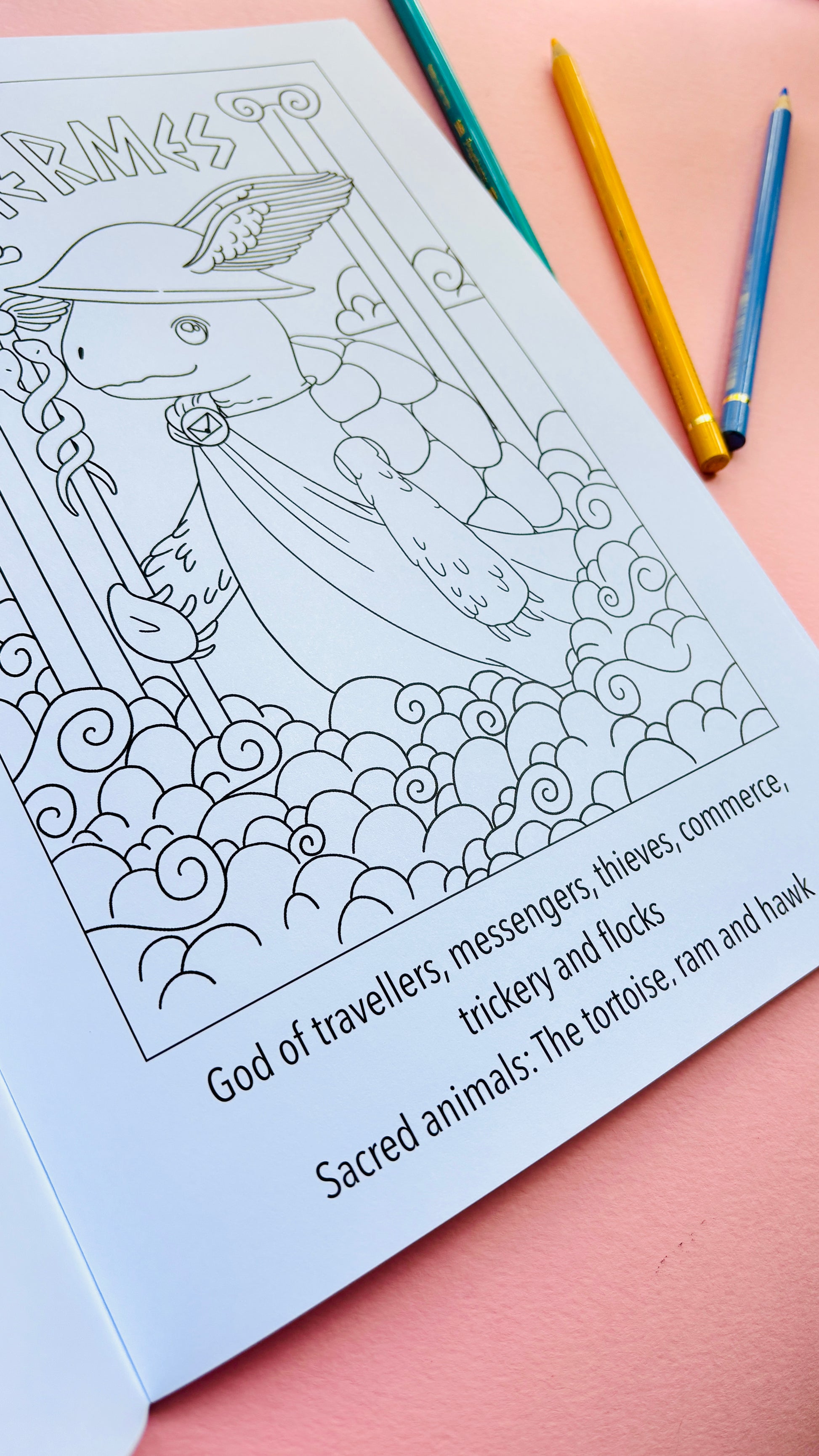Animals of Olympus: A Greek Mythology Colouring Book for adults and kids with hand drawn colouring pages, single sided, heavy weight paper. This educational colouring book is great for home educators and homeschoolers.