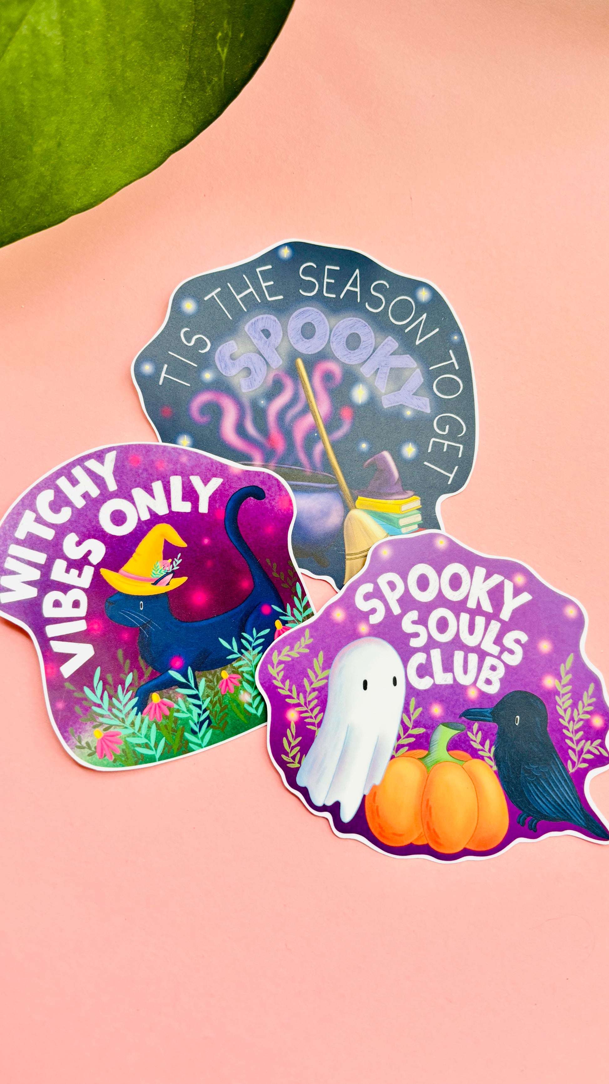 Three Halloween stickers made from waterproof vinyl for water bottles, laptops, kindles and more