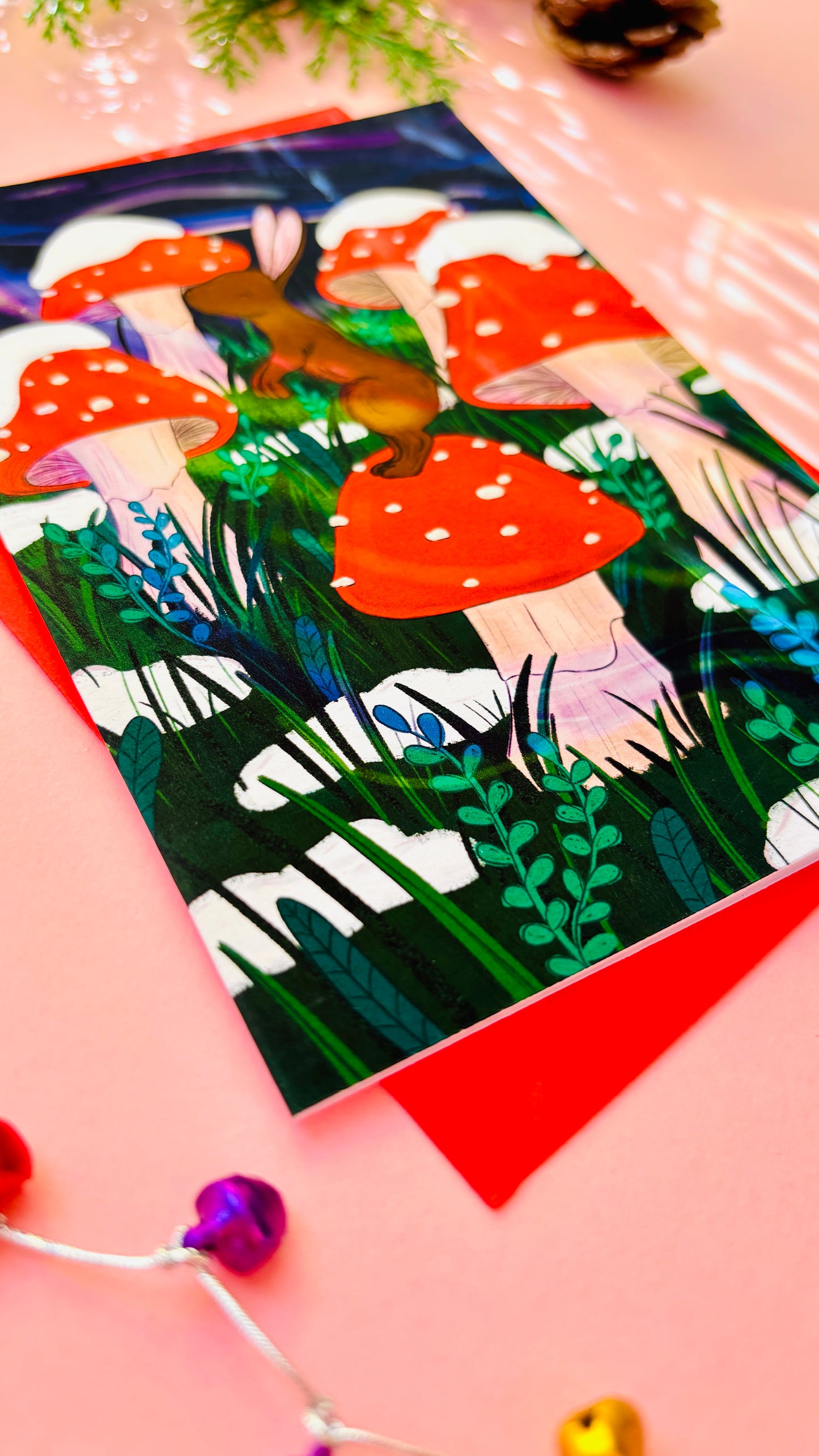 Enchanted Woodland Christmas Card – Whimsical Bunny and Toadstool Holiday Greeting