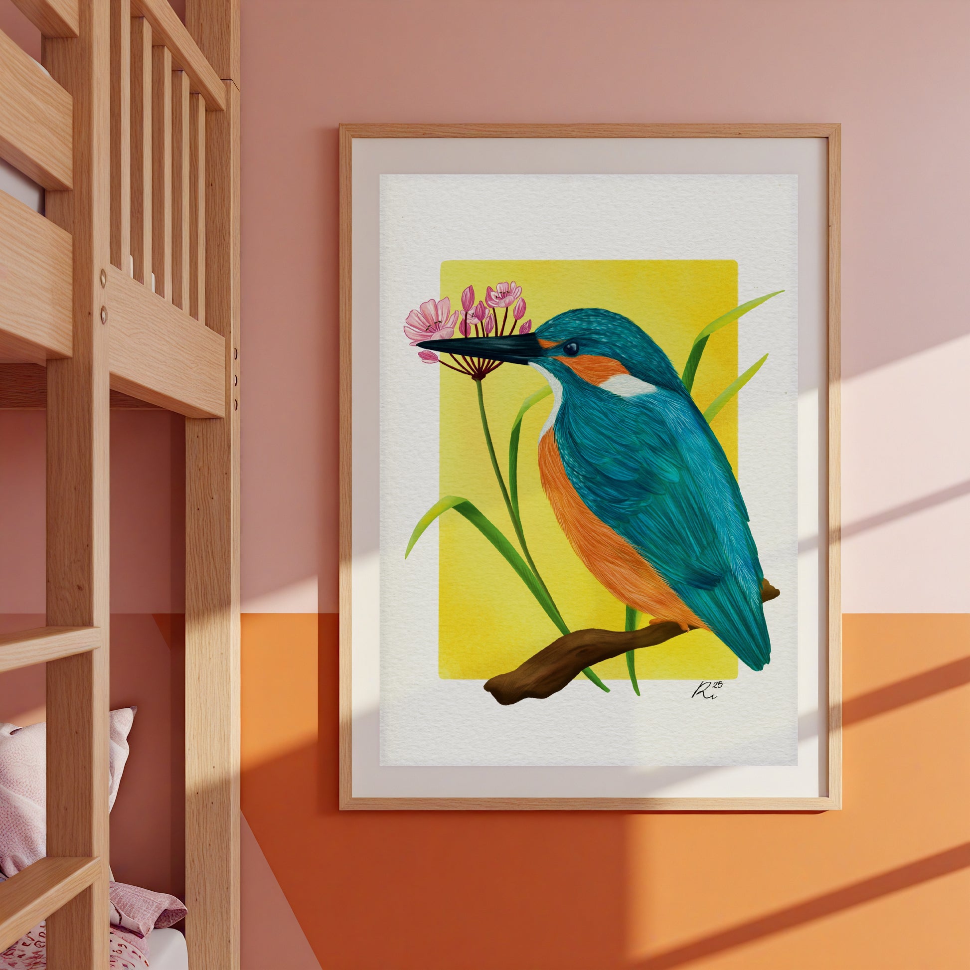 Kingfisher nature art print of a vibrant kingfisher bird and pink flowering rush plant inspired by British wildlife. Setting against a yellow backdrop this bold print is perfect for nature lovers and fans of maximalist decor.