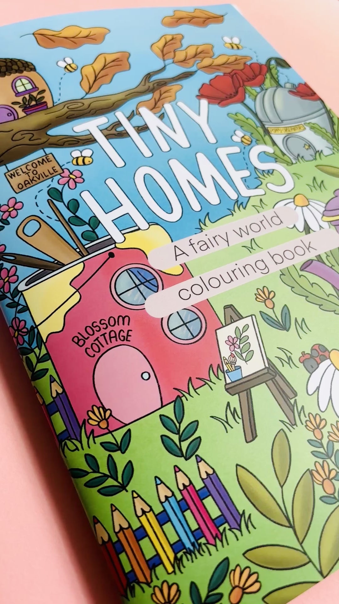 Hand drawn fairy colouring book for adults with 10 cute illustrated pages of tiny fairy house with a whimsical fantasy theme. A4 size and full colour cover perfect for gifts for kids and adults.