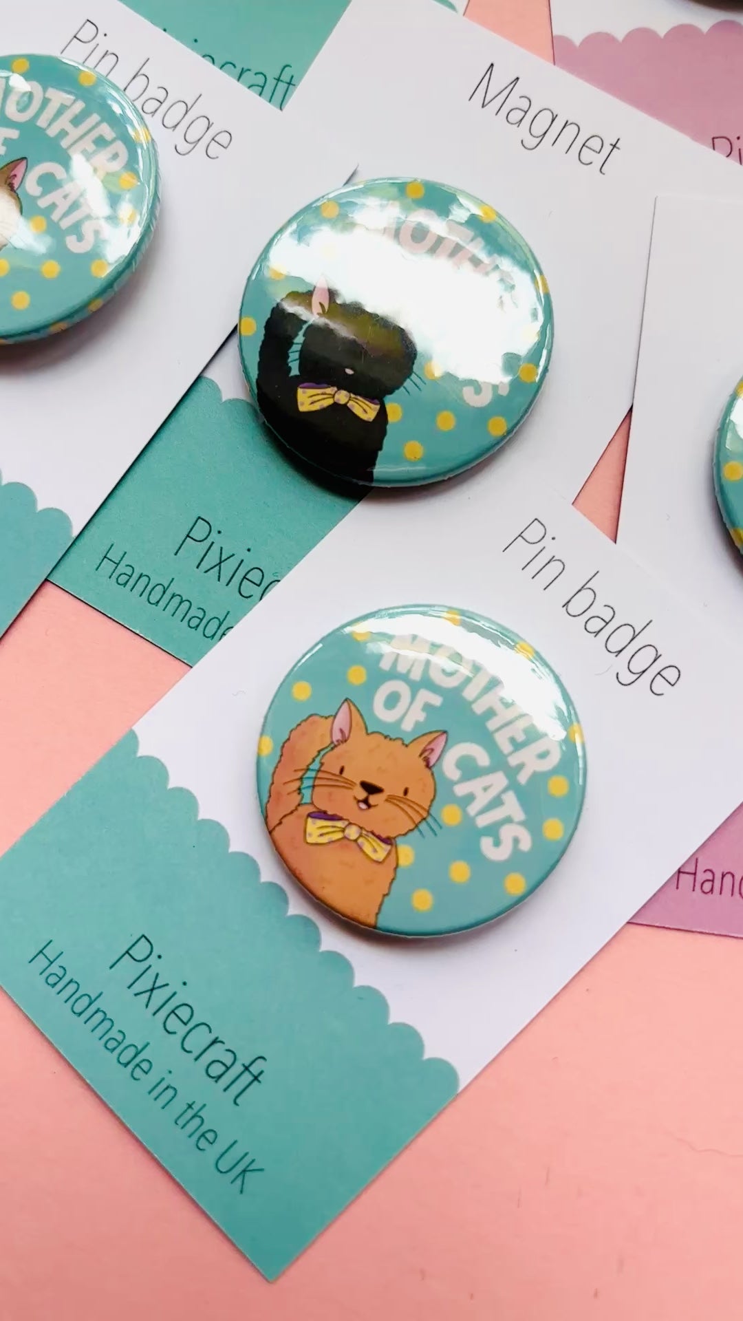 Handmade cat gift pin badge or fridge magnet. This cute accessory reads ‘mother of cats’ and you can choose from four different cat designs; brown tabby cat, orange/ginger cat, black cat, black and white cat. The hand drawn illustration is turned into a pin badge or magnet and presented on a colourful backing card ready for gifting. Great for stocking fillers.