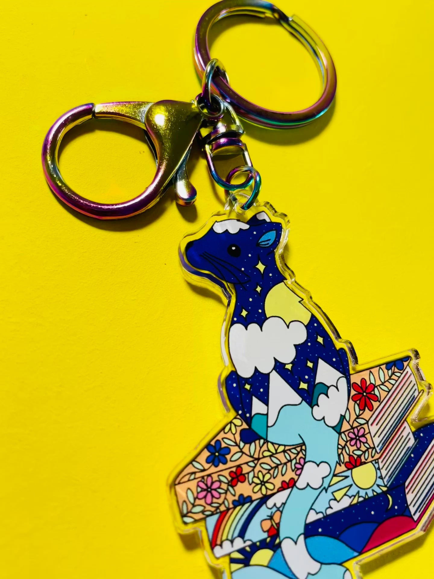 Cat and books illustrated keychain