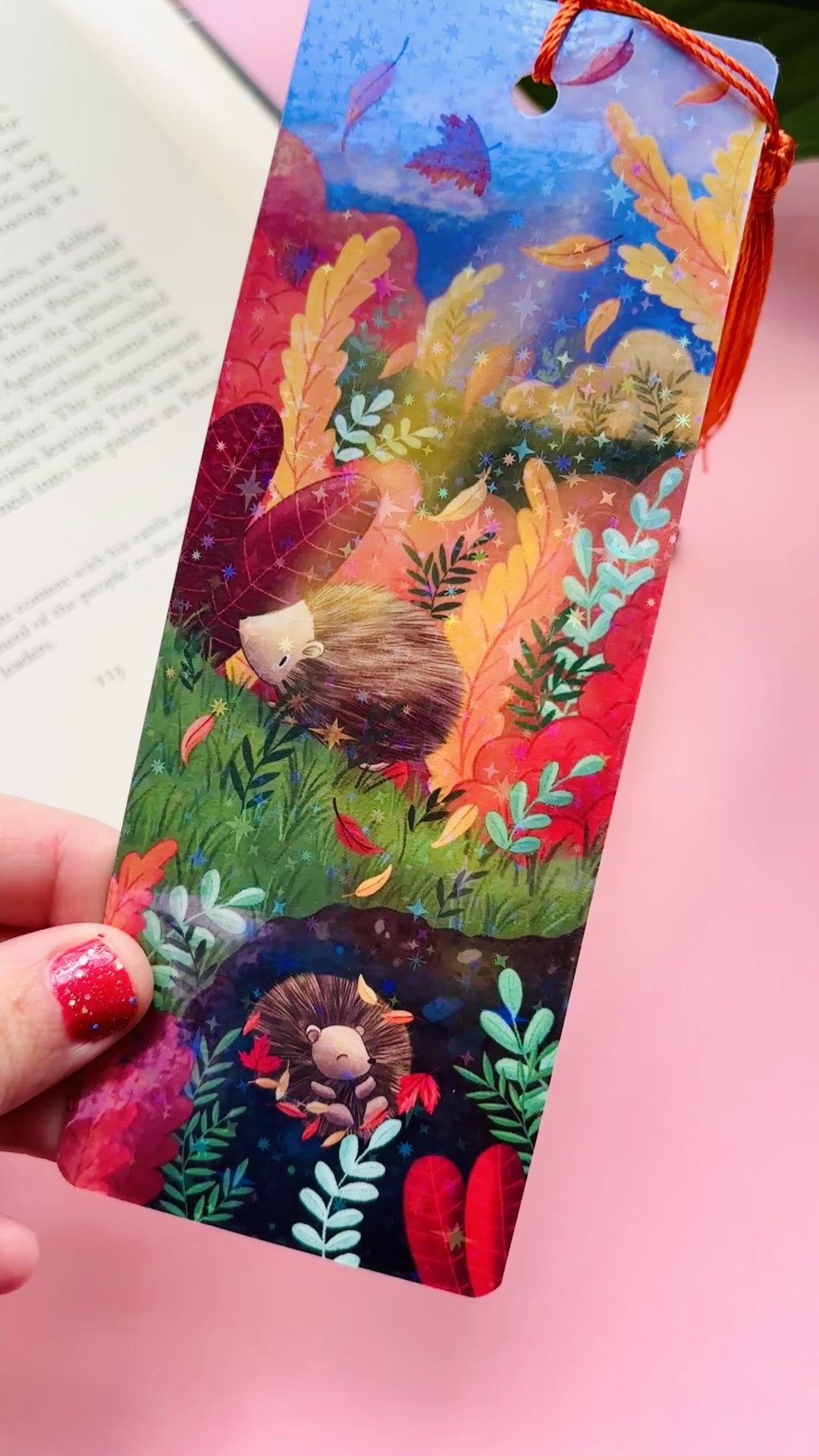 Cute hedgehog holographic bookmark – whimsical autumn design, perfect for book lovers and stationery enthusiasts.