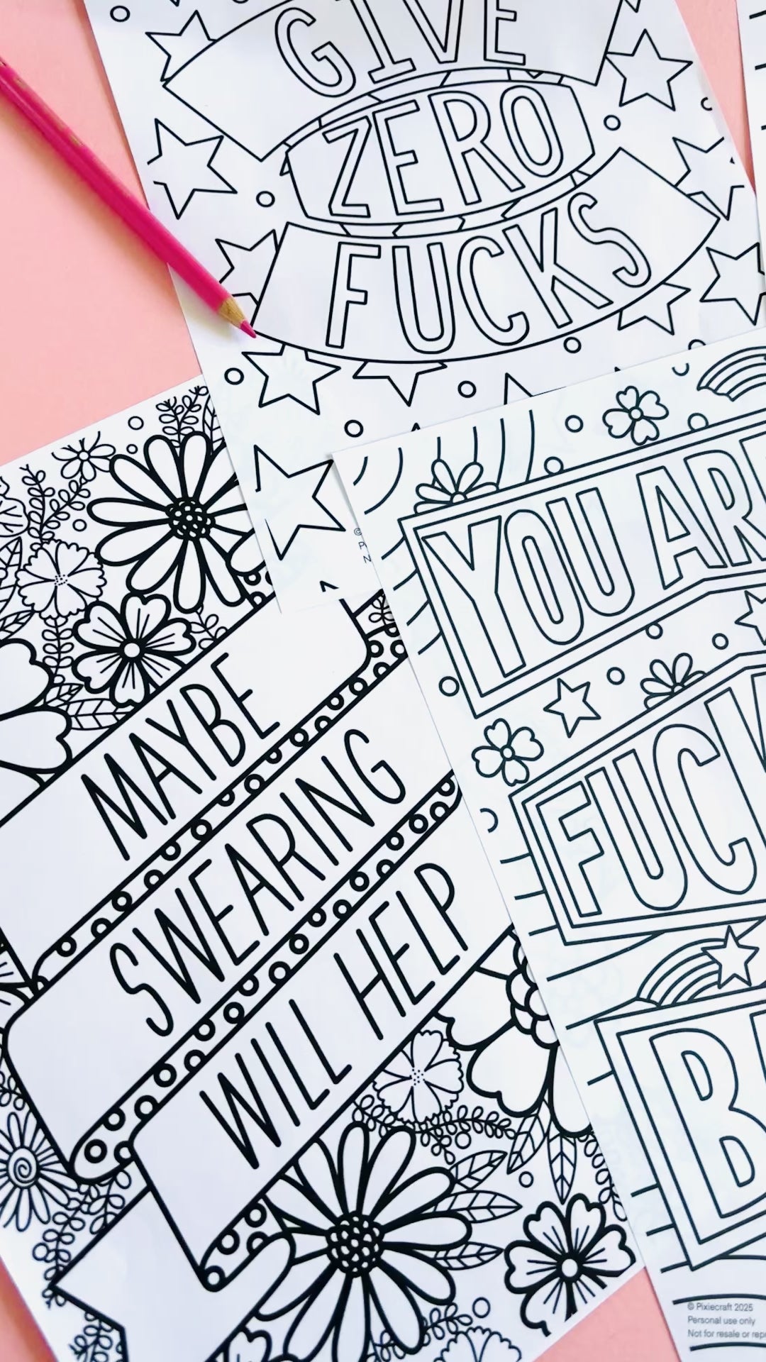 Set of 5 Sweary affirmations pdf colouring pages for instant download