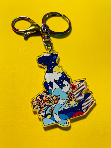 Cat and books illustrated keychain