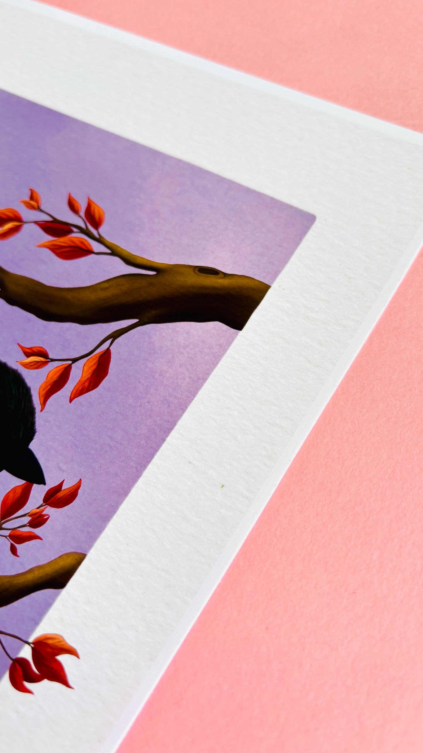Coat tit bird wall art of British birds. This detail illustration of a cute coal tit perched on an autumn branch is set against a purple gradient background and makes perfect autumn home decor for a cosy seasonal feel. Or a gift for nature lovers, gardeners, bird lovers and fans of cottagecore decor aesthetics 