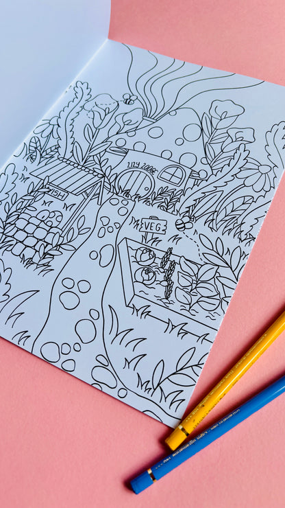 Hand drawn fairy colouring book for adults with 10 cute illustrated pages of tiny fairy house with a whimsical fantasy theme. A4 size and full colour cover perfect for gifts for kids and adults. 