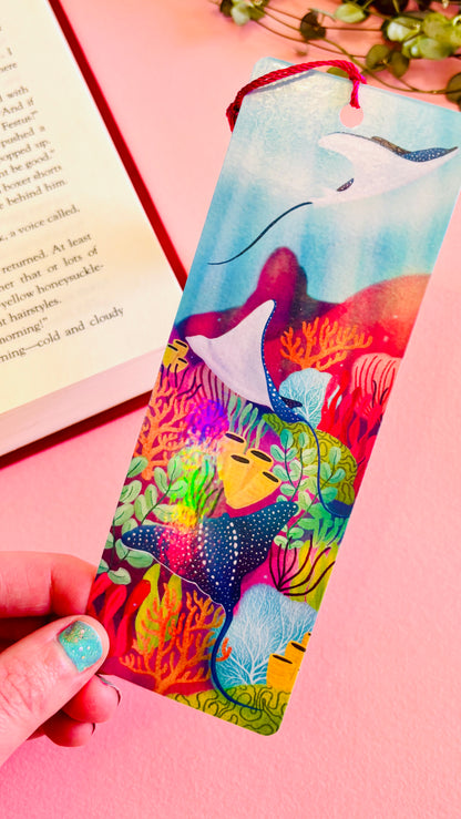 Ray in colourful coral reef rainbow holographic bookmark