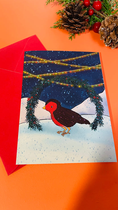 Snowy robin illustrated Christmas card