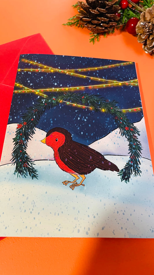 Snowy robin illustrated Christmas card