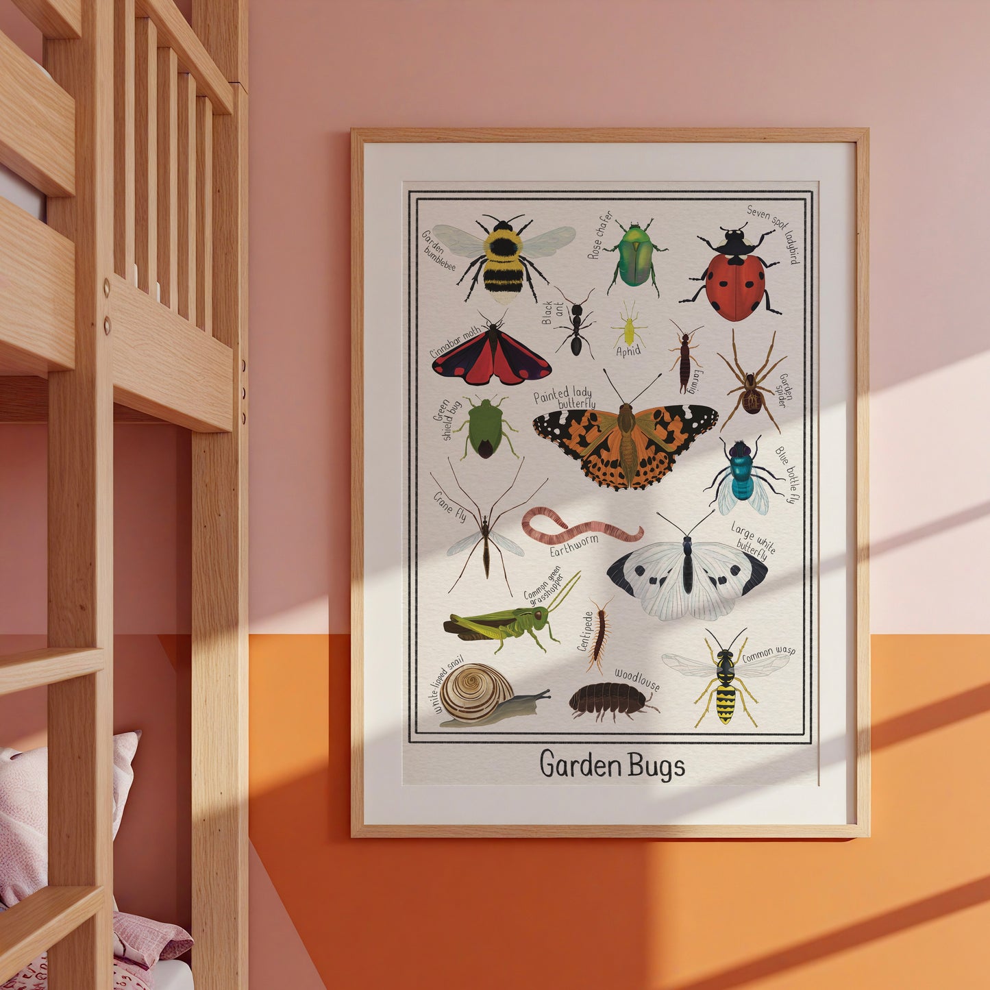 Nature Wall Art print of British garden bugs hand drawn wall decor for kids rooms, nature lovers and gifts for gardeners. Print feature; ladybird, garden bumblebee, grasshopper, snail, worm, cinnabar moth and more 