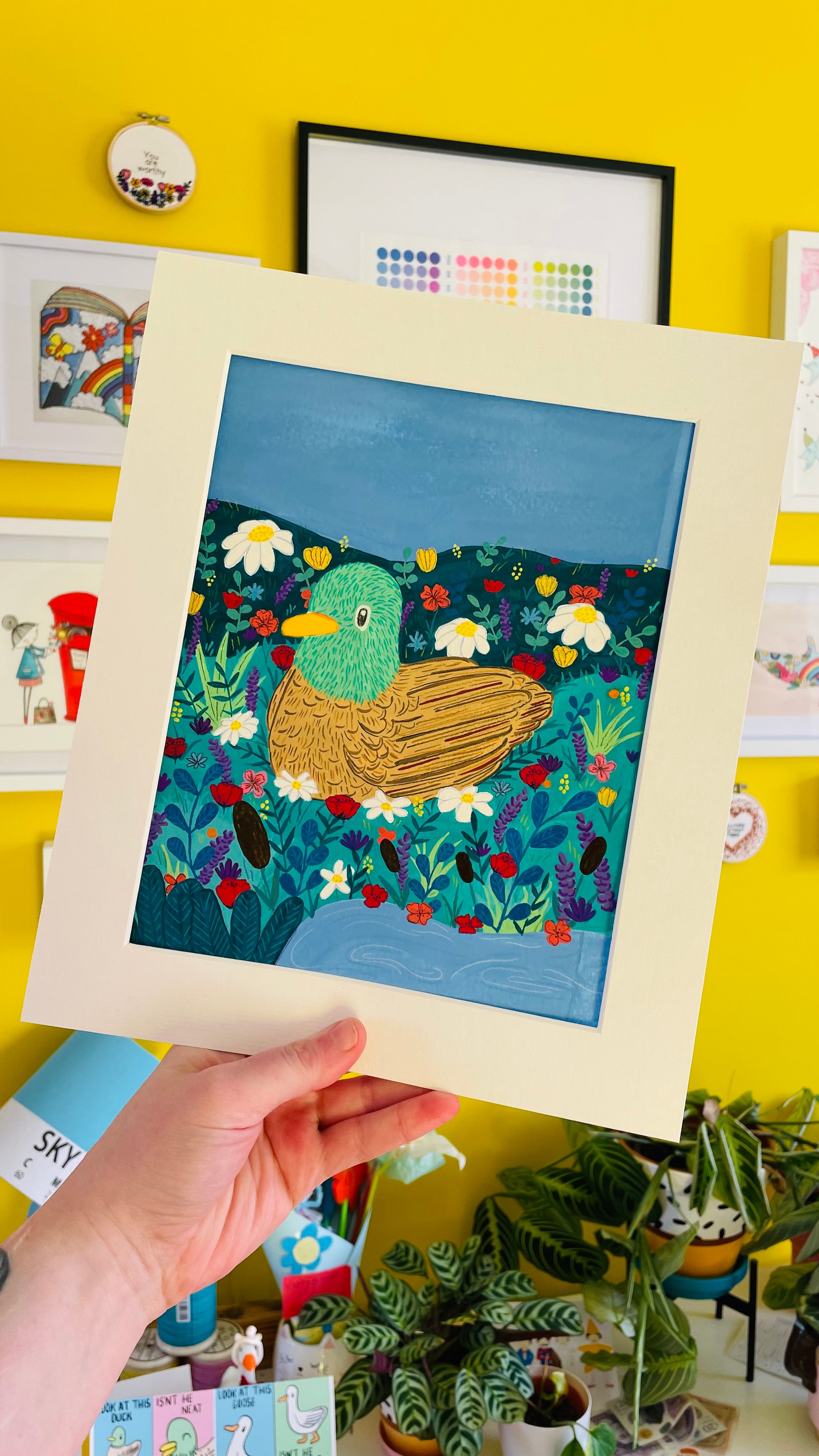 Hand painted colourful duck illustration.