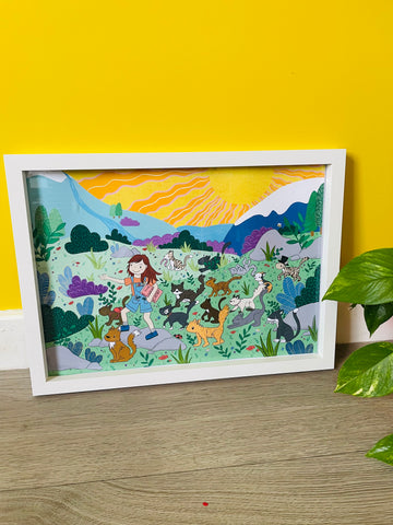 Colourful wall art illustration of a girl adventuring with a group of cats 