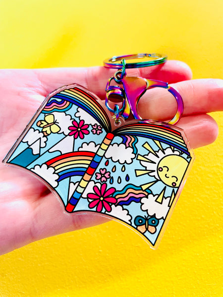 Colourful rainbow illustrated book keyring 