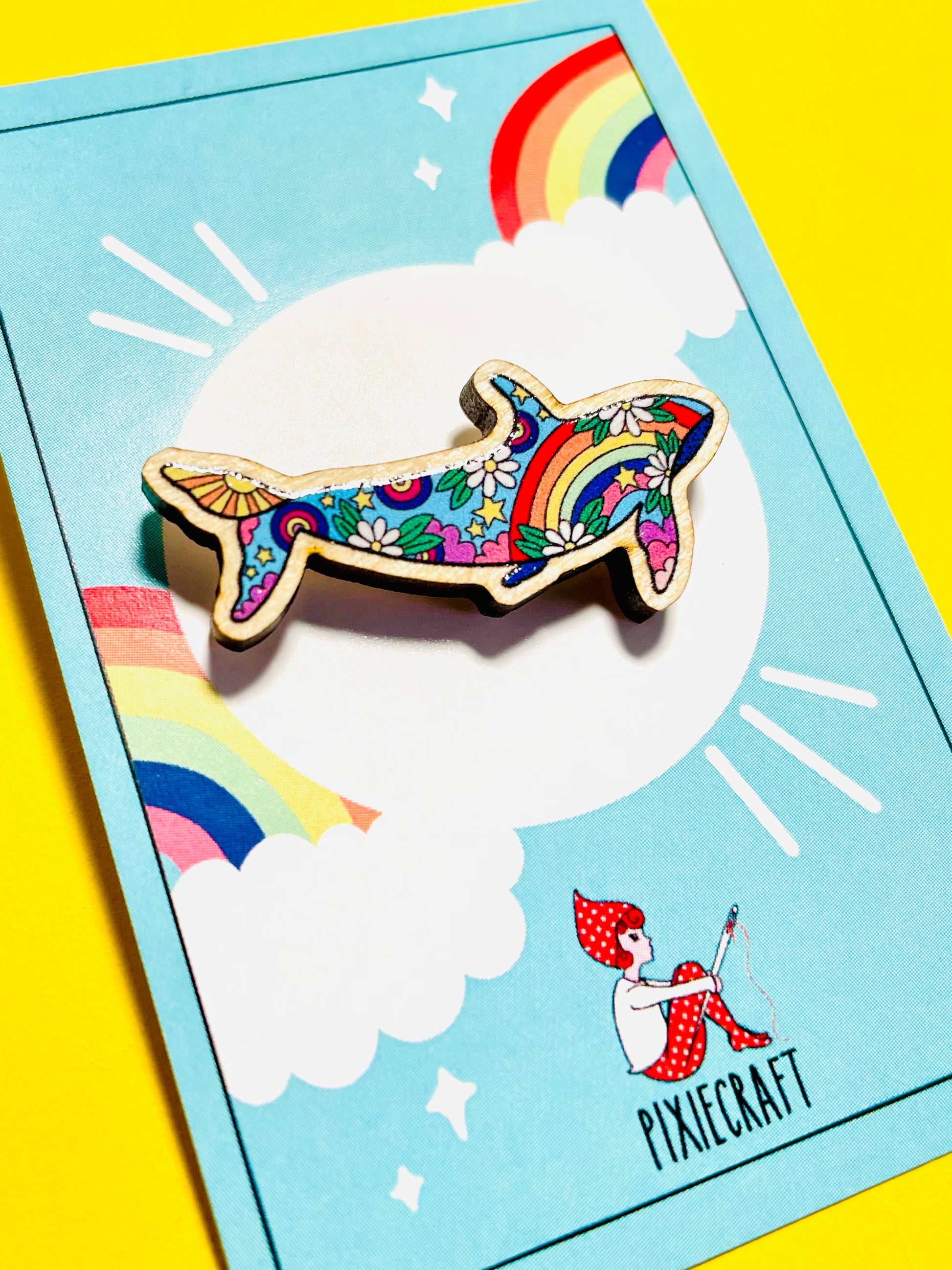 Rainbow whale wooden pin badge 