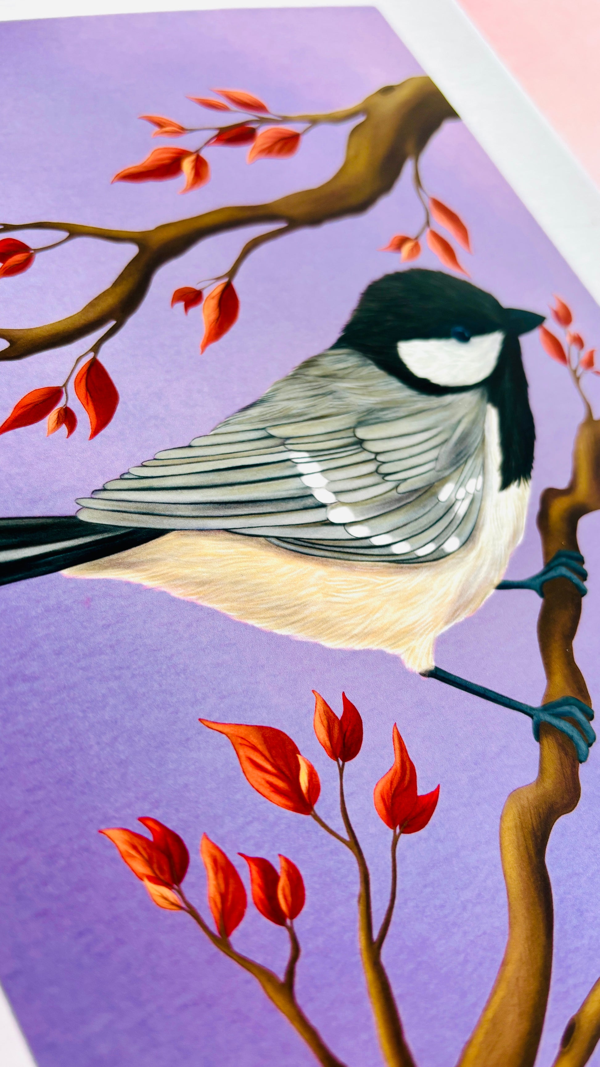 Coat tit bird wall art of British birds. This detail illustration of a cute coal tit perched on an autumn branch is set against a purple gradient background and makes perfect autumn home decor for a cosy seasonal feel. Or a gift for nature lovers, gardeners, bird lovers and fans of cottagecore decor aesthetics 