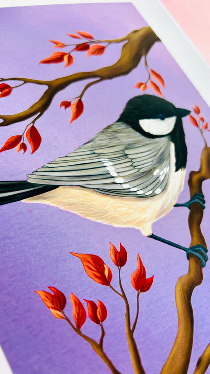 Coat tit bird wall art of British birds. This detail illustration of a cute coal tit perched on an autumn branch is set against a purple gradient background and makes perfect autumn home decor for a cosy seasonal feel. Or a gift for nature lovers, gardeners, bird lovers and fans of cottagecore decor aesthetics 