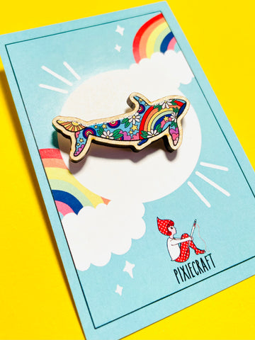 Rainbow whale wooden pin badge 