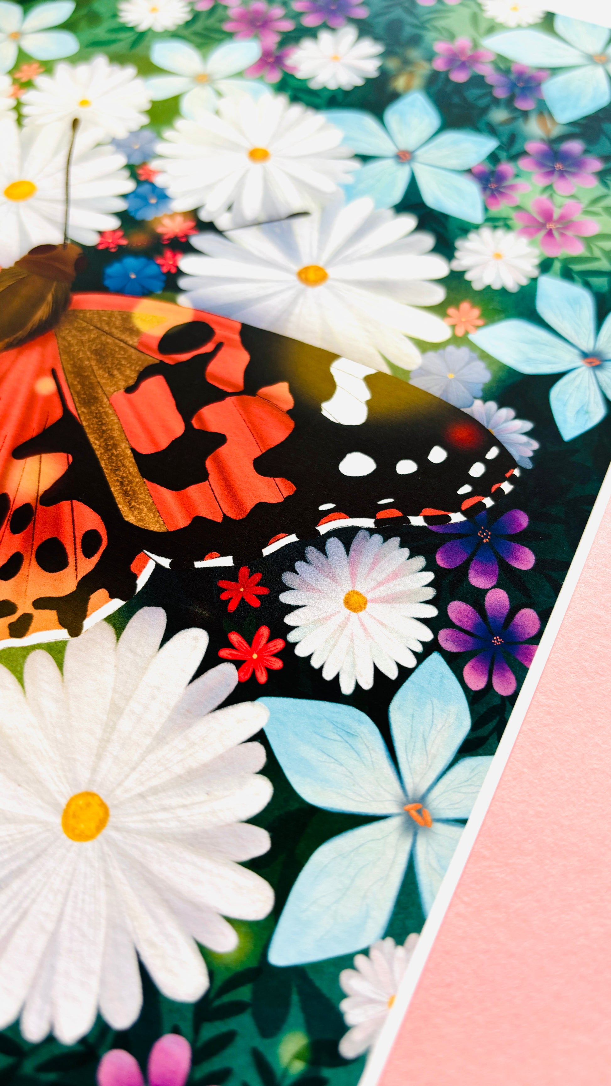 Colourful nature art print of a painted lady butterfly resting in a field of wildflowers. This beautiful illustration is perfect for lovers of nature, botanical illustration, wildflowers and cottagecore aesthetics. Illustrated and printed in the uk onto archival matte art paper and signed by the artist. 