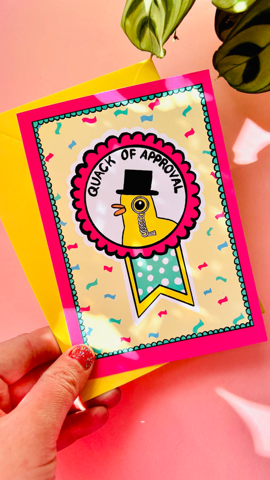 Funny duck quack of approval greetings card blank art card for well done, graduation, birthday 