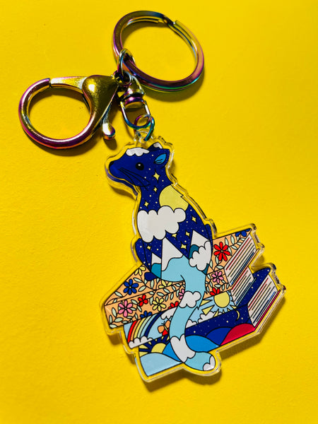 Cat and books illustrated keychain